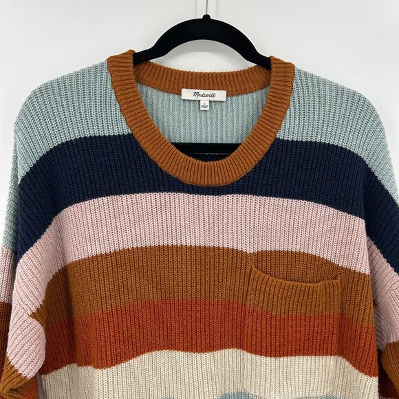 MADEWELL Rainbow Stripe Thompson Pocket Knit Crew Neck Pullover Sweater Large - Picture 6 of 9